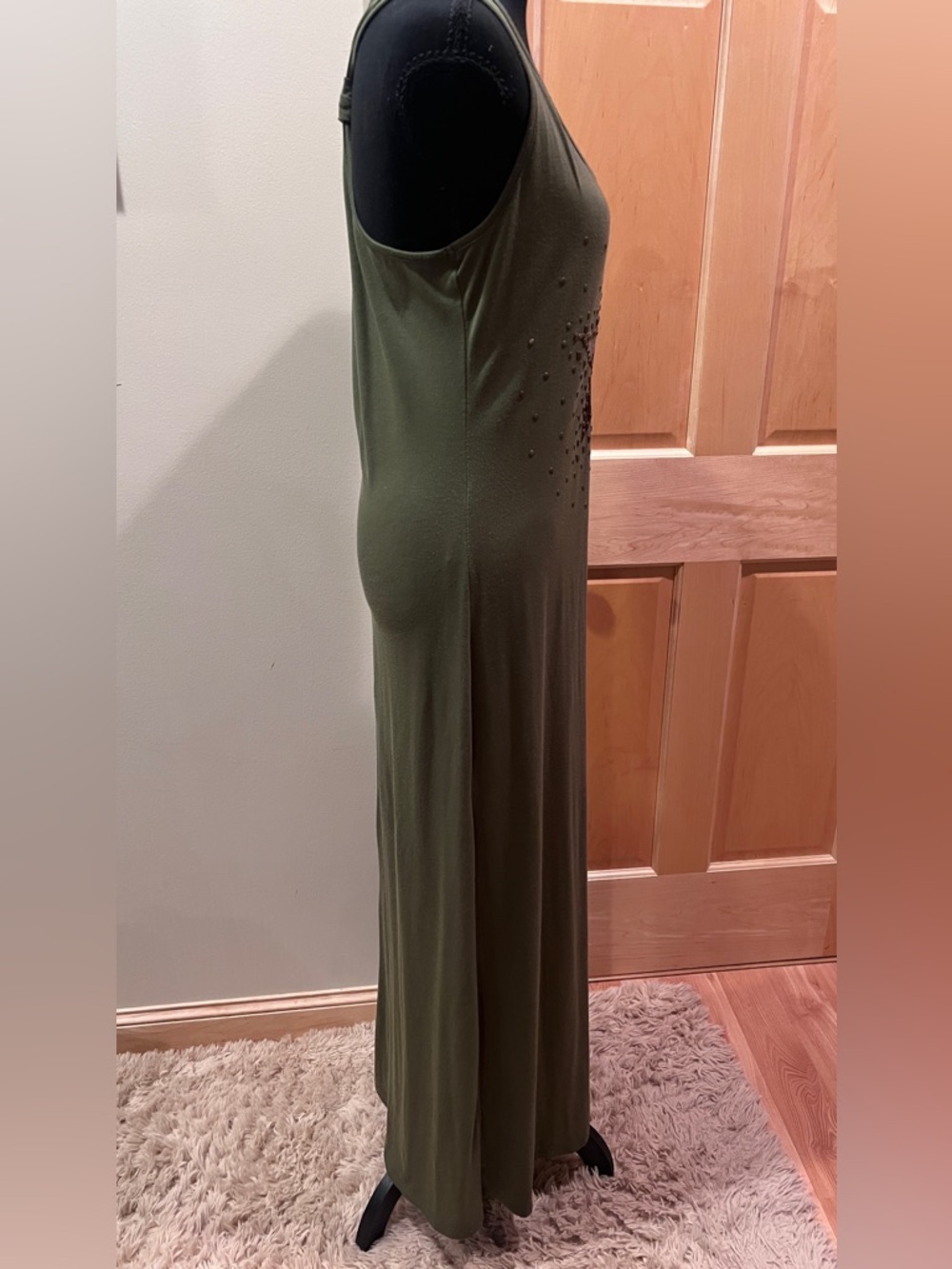 Vintage Olive Green Form Fitting Stretch Racerback Maxi Dress Camo Star Patch M - Picture 5 of 13